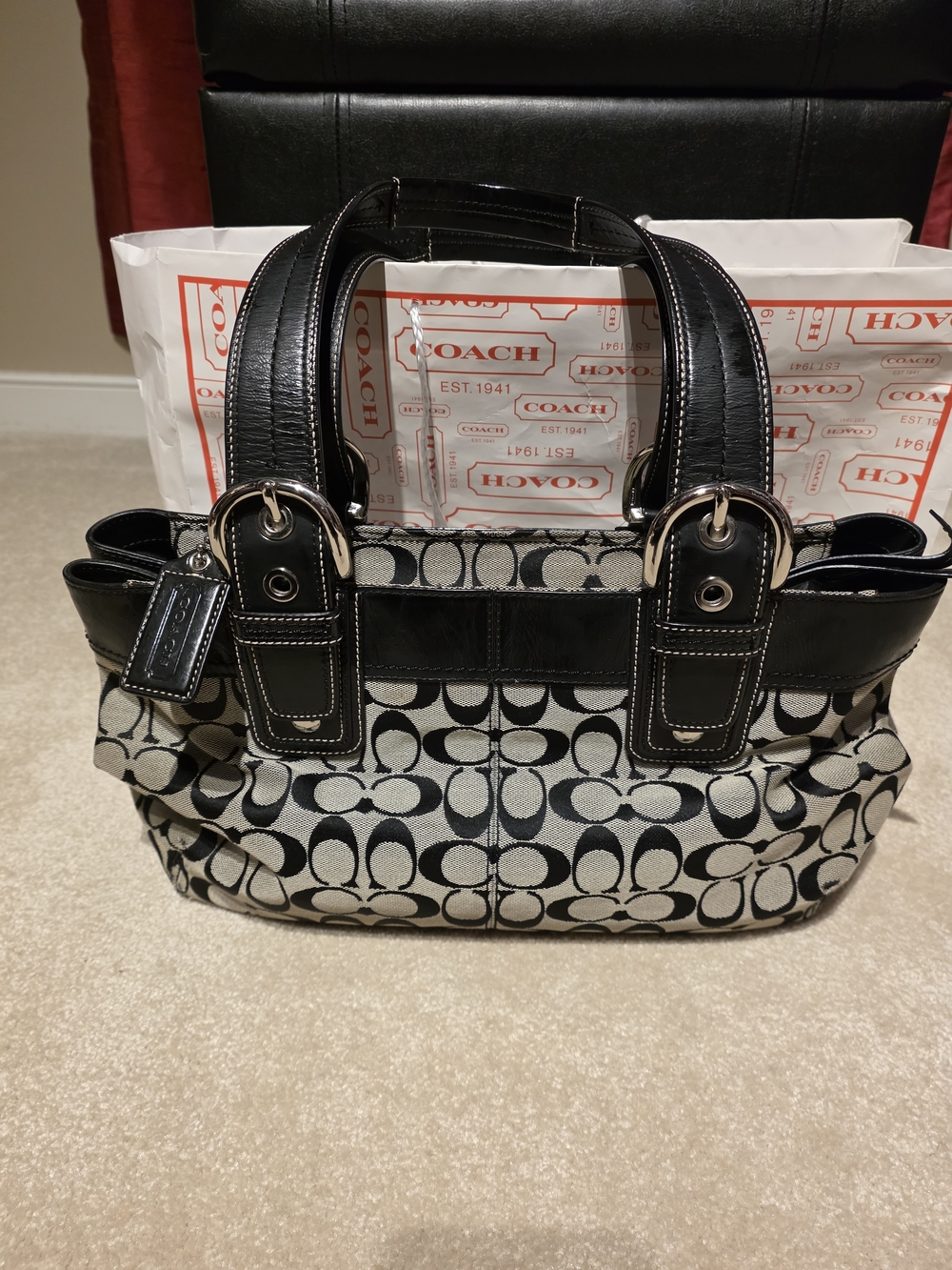 Coach Pleated Soho Signature Canvas Tote Bag Grey And Black Y2k Greay Condition